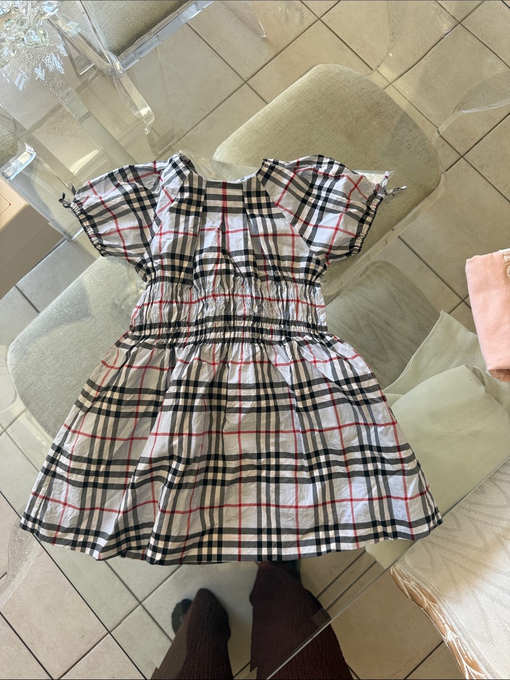 Burberry Plaid Short Puff-Sleeve Dress in White, Black & Red